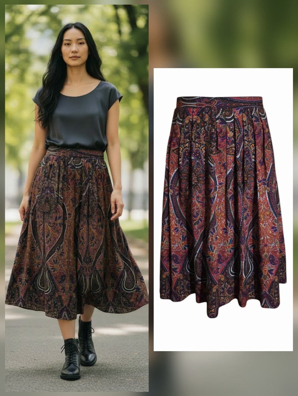 TG Lands End 100% Wool Pleated Paisley Skirt Size 14 Whimsigoth Dark Academia